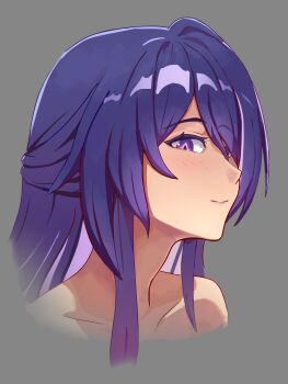 1girl acheron_(honkai:_star_rail) collarbone colored_inner_hair commentary diamond-shaped_pupils diamond_(shape) english_commentary hair_over_one_eye highres honkai:_star_rail honkai_(series) light_blush light_smile long_hair looking_at_viewer multicolored_hair purple_eyes purple_hair sidelocks simple_background symbol-shaped_pupils tekumifu white_streaks