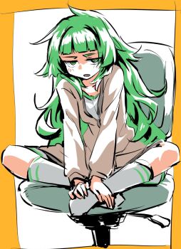 1girl annoyed blunt_bangs blush chair crossed_legs green_eyes green_hair green_trim highres hiyajou_maho jacket_over_dress kneehighs looking_at_viewer messy_hair narrow_waist on_chair sadarann science_adventure simple_background socks solo steins;gate steins;gate_0 striped_clothes striped_socks