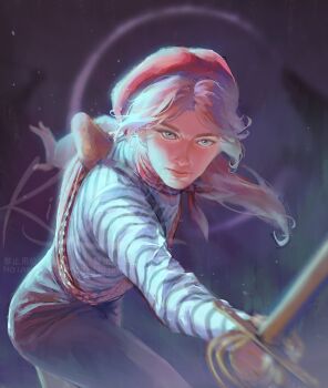 1girl blue_eyes bread clair_obscur:_expedition_33 closed_mouth food freckles hat highres holding holding_sword holding_weapon kiasherria long_hair looking_at_viewer maelle_(clair_obscur:_expedition_33) ponytail rapier red_hair solo sword weapon
