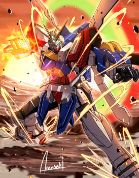 amasaki_yusuke bakunetsu_god_finger g_gundam glowing glowing_hand god_gundam green_eyes gundam highres mecha mecha_focus mechanization no_humans robot science_fiction super_robot v-fin wings