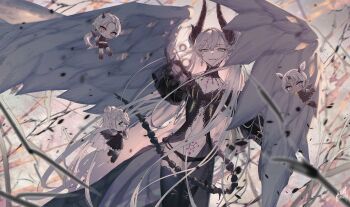 4girls absurdres breasts demon_girl demon_horns drei_(fate) eins_(fate) fate/grand_order fate_(series) green_eyes grey_hair hair_on_horn highres horns jewelry lilin_(fate) lilith_(fate) lilith_(third_ascension)_(fate) long_hair looking_at_viewer multiple_girls pointy_ears pubic_tattoo reluvy skeletal_tail solo tail tattoo very_long_hair wings zwei_(fate)