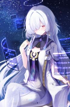 1girl baram breasts closed_mouth colored_eyelashes commentary_request crossed_legs dress grey_hair hair_over_one_eye halo hand_up highres holographic_interface id_card jacket light_blush light_smile long_hair looking_at_viewer mornye_(wuthering_waves) partial_commentary purple_dress red_eyes see-through_body sitting sky small_breasts solo star_(sky) starry_sky tacet_mark_(wuthering_waves) white_jacket wuthering_waves
