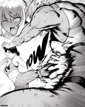 2girls abs absurdres artist_name asena_(speedl00ver) attack back bandaged_hand bandages bandaid bandaid_on_face bandaid_on_shoulder bare_shoulders black_hair english_text feet fighting_stance foot_on_another&#039;s_stomach greyscale highres kicking long_bangs midriff monochrome motion_blur motion_lines multiple_girls multiple_views navel open_mouth original pain parted_lips projected_inset saliva signature soles sound_effects speedl00ver sports_bra sweat sweatdrop teeth toned toned_female tongue white_hair