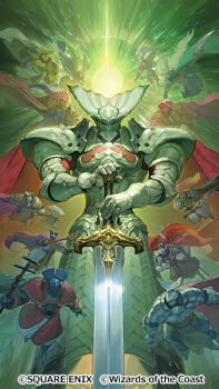 6+boys armor axe cape copyright_notice final_fantasy final_fantasy_vii greatsword halberd holding holding_axe holding_polearm holding_staff holding_sword holding_weapon knights_of_round_(ff7) mage_staff magic:_the_gathering multiple_boys official_art polearm spear staff sword takayama_toshiaki weapon