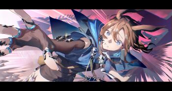 1girl absurdres amiya_(arknights) animal_ears arknights bag blue_eyes brown_hair buckle chinese_text chromatic_aberration detached_sleeves dutch_angle english_text erulusyro fingernails hair_between_eyes highres hood hooded_jacket jacket jewelry letterboxed long_hair looking_at_viewer material_growth multiple_rings necktie open_clothes open_jacket oripathy_lesion_(arknights) rabbit_ears rabbit_girl reaching reaching_towards_viewer red_sky rhodes_island_logo_(arknights) ring short_shorts shorts shoulder_bag single_detached_sleeve skeleton sky sleeveless sleeveless_jacket solo strap thumb_ring wide-eyed worried