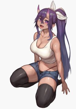 Rule 34 | 1girl, black panties, black thighhighs, breasts, cinko, cleavage, commentary, copyright request, crossed bangs, dark skin, denim, denim shorts, fang, full body, hair between eyes, hair ribbon, highleg, highleg panties, highres, horns, large breasts, long hair, monster girl, oni, open clothes, open mouth, open shorts, panties, purple eyes, purple hair, ribbon, short shorts, shorts, sidelocks, simple background, solo, tan, tank top, thighhighs, underwear, very long hair, white background, white ribbon, white tank top