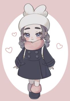 1girl ansha_(pokemon) backpack bag blue_eyes blush border braid coat facing_viewer full_body grey_hair hat heart looking_at_viewer nintendo pink_border pokemon pokemon_legends:_z-a scarf solo white_background