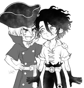 2boys aged_down belt black_hat brothers child coat collarbone curly_hair dr._stone greyscale hair_between_eyes hand_on_another&#039;s_shoulder hat highres looking_at_another male_focus monochrome multiple_boys nanami_ryuusui nanami_sai ninomae_gin open_mouth outstretched_hand pirate pirate_hat scar short_hair siblings smile surprised surprised_arms sweatdrop teeth thick_eyebrows upper_teeth_only white_belt x_(symbol)