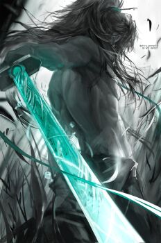 1boy attra_gonnadie back black_hair from_behind green_ribbon hair_ribbon hashtag-only_commentary highres holding holding_sword holding_weapon long_hair male_focus ponytail qiuyuan_(wuthering_waves) ribbon solo sword topless_male twitter_username watermark weapon wuthering_waves