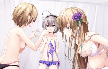 3girls ahoge blonde_hair breasts brown_hair c-rabbit commentary_request earrings flower green_eyes grey_hair hairband heart heaven_burns_red highres jewelry kayamori_ruka large_breasts long_hair minase_sumomo multiple_girls purple_eyes saliva short_hair small_breasts swimsuit toujou_tsukasa unworn_bikini_top