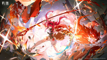 1girl armor boots breastplate breasts chinese_text evil_smile glint hair_between_eyes hairband headgear highres holding holding_polearm holding_weapon large_breasts logo long_hair looking_at_viewer lupa_(wuthering_waves) metal_hairband official_art polearm red_hair smile solo spear tail thigh_boots translation_request v-shaped_eyebrows weapon white_boots wolf_tail wuthering_waves yellow_eyes