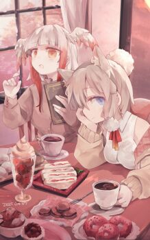 2girls alpaca_ears alpaca_girl alpaca_suri_(kemono_friends) alternate_costume animal_ears bare_shoulders bird_girl bird_wings blue_eyes blunt_bangs blush brown_sweater casual chair coffee collar donut extra_ears food frilled_collar frills hair_bun hair_ornament hair_over_one_eye hair_tubes hairclip head_wings highres japanese_crested_ibis_(kemono_friends) kemono_friends long_sleeves macaron menu multicolored_hair multiple_girls nanana_(nanana_iz) off_shoulder parfait pink_shirt puffy_sleeves red_eyes red_hair shirt short_hair sidelocks sitting sleeveless smile sweater white_hair white_shirt wings