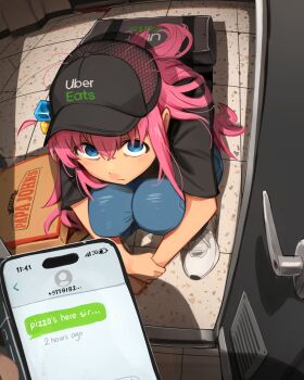 1girl absurdres animal baseball_cap black_hat black_shirt blood blood_on_ground blue_eyes bocchi_the_rock! cellphone delivery door gotoh_hitori hat highres khyle. long_hair mouse papa_john&#039;s phone pink_hair pizza_box pizza_delivery shadow shirt shoes short_sleeves smartphone sneakers squatting uber_eats white_footwear