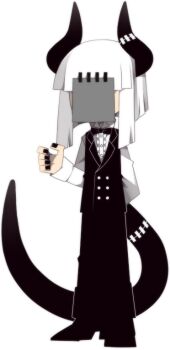 Rule 34 | 1boy, arm behind back, black bow, black bowtie, black horns, black pants, black tail, black vest, bow, bowtie, covered face, demon boy, formal clothes, frilled shirt, frills, full body, funamusea, funamusea (artist), horns, maekami, medium hair, official art, pants, paper, shirt, simple background, solo, standing, stitched tail, suit, sutare yume, tail, vest, white background, white hair, white shirt