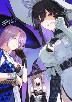 3girls bare_shoulders black_bra black_dress black_gloves black_hair black_hat black_horns blue_eyes bra breasts brown_hair commentary_request constance_(honkai:_star_rail) crossed_arms demon_girl demon_horns dress gloves hat herta_(honkai:_star_rail) highres honkai:_star_rail honkai_(series) horns ikenotori jade_(honkai:_star_rail) large_breasts long_hair mole mole_under_eye multiple_girls pink_hair purple_eyes small_breasts the_herta_(honkai:_star_rail) twitter_username two-tone_dress underwear very_long_hair white_dress white_gloves white_hat witch_hat
