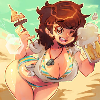 1girl alcohol beach beer beer_mug bent_over bikini blue_bikini breasts brown_eyes brown_hair cleavage covered_erect_nipples cup foam food holding holding_cup holding_food holding_skewer kawakami_sadayo large_breasts looking_at_viewer medium_hair mug navel one_eye_closed open_mouth outdoors persona persona_5 rafchu sand shirt skewer smile solo striped_bikini striped_clothes sun_glare swimsuit t-shirt tied_shirt water whistle whistle_around_neck white_bikini white_shirt yellow_bikini
