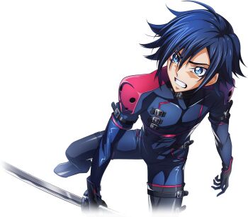 1boy 1girl black_gloves blue_bodysuit blue_eyes blue_hair bodysuit code_geass code_geass:_boukoku_no_akito code_geass:_lost_stories f4samurai game_cg gloves holding holding_sword holding_weapon hyuuga_akito official_art solo sword teeth weapon