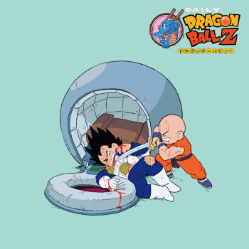 2boys angry bald bald_male black_eyes black_hair blood blue_background chibi dragon_ball kuririn multiple_boys on_the_throat saiyan_armor scratches spaceship sword torn_clothes vegeta weapon