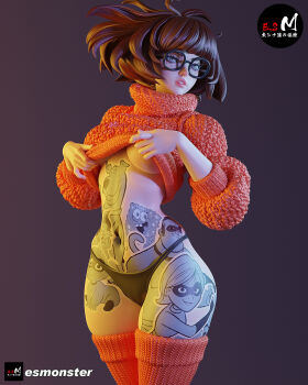 1girl 3d black_panties breasts brown_hair character_tattoo clothes_lift cowboy_shot e.s._monster elastigirl figure figure_(medium) glasses grey_background highres jack-jack_parr mr._incredible orange_sweater panties photo_(medium) rectangular_eyewear scooby-doo scooby-doo_(character) short_hair simple_background solo spongebob_squarepants spongebob_squarepants_(series) sweater sweater_lift tattoo the_incredibles underboob underwear velma_dinkley