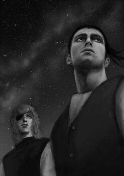 Rule 34 | 2boys, absurdres, badeni, chi.: chikyuu no undou ni tsuite, commentary, eyepatch, from below, greyscale, highres, k05062688, lips, male focus, medium hair, monochrome, multiple boys, nose, oczy, scar, scar on face, scar on mouth, scar on nose, short hair, sky, star (sky), starry sky, tabard, untranslatable commentary, upper body