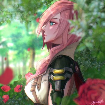 1girl belt_buckle blue_eyes blurry blurry_background blurry_foreground buckle bush closed_mouth commentary eyelashes final_fantasy final_fantasy_xiii flower from_side highres lightning_farron lips long_hair outdoors pink_hair pink_lips ppnt690 profile red_flower red_rose rose signature single_shoulder_pad sleeveless sleeveless_jacket solo suspenders symbol-only_commentary tree upper_body