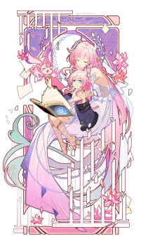 2134twone 2girls aqua_hair as_i&#039;ve_written_(honkai:_star_rail) bare_shoulders blue_eyes book chinese_commentary closed_eyes coat commentary_request crystal_flower cyrene_(aedes_elysiae)_(honkai:_star_rail) cyrene_(honkai:_star_rail) cyrene_(ripples_of_past_reverie)_(honkai:_star_rail) dress dual_persona earrings highres holding holding_quill honkai:_star_rail honkai_(series) jewelry mem_(honkai:_star_rail) multicolored_hair multiple_girls open_book pointy_ears purple_coat quill sandals sitting sitting_on_lap sitting_on_person smile twitter_username two-tone_hair white_dress