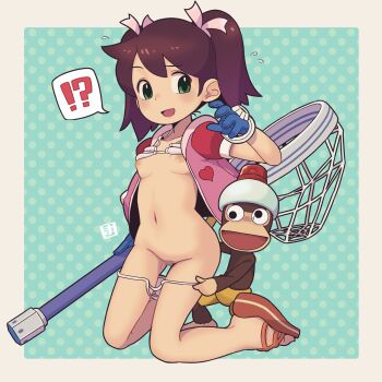 !? 1girl absurdres artist_name bikini bikini_pull bikini_top_lift breasts brown_hair censored clothes_lift clothes_pull feet flying_sweatdrops gloves green_eyes hair_ribbon highres jacket kneeling legs loli mawaru_(mawaru) monkey navel nervous_smile net nipples open_clothes open_jacket open_mouth pipo_monkey pulling_another's_clothes pussy ribbon saru_getchu sayaka_(saru_getchu) small_breasts smile surprised swimsuit thighs tongue twintails white_bikini