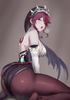 Rule 34 | 1girl, bare shoulders, breasts, bright pupils, brown background, commentary request, elbow gloves, fishnet pantyhose, fishnets, from side, genshin impact, gloves, highres, kakabos, large breasts, leotard, looking at viewer, multicolored hair, open mouth, pantyhose, purple veil, red eyes, red hair, rosaria (genshin impact), short hair, sideboob, sidelocks, sitting, solo, streaked hair, veil, vision (genshin impact), white gloves, white pupils