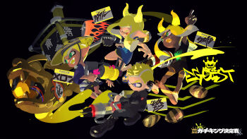 .52_gal_(splatoon) 2boys 2girls absurdres ankle_boots anklet bamboo_hat_(splatoon) bare_arms bare_legs barefoot bilingual_text black_background black_boots black_jacket black_shirt black_shorts black_sleeves blonde_hair blue_haori blue_sandals blue_sleeves blue_tank_top blunt_bangs blunt_ends bomber_jacket boots brown_pupils brown_sandals character_name clam_blitz closed_mouth commentary_request dark-skinned_female dark-skinned_male dark_bomber_jacket_(splatoon) dark_skin deco_(splatoon) dolphin_shorts earrings emberz_(splatoon) english_text enperry_(splatoon) facing_to_the_side fangs flame_print flip-flops friendship_bracelet geta glowing_horns green_eyes green_pupils grey_pants grey_pupils gun haori hat heavy_edit_splatling_(splatoon) highres holding holding_gun holding_weapon horns indigo_boss_haori_(splatoon) inkline_(splatoon) inkling inkling_boy inkling_girl inkling_player_character inoue_seita jacket japanese_clothes jewelry lace-up_boots logo_print long_hair long_sleeves looking_ahead machine_gun mixed-language_text monster_boy monster_girl multiple_boys multiple_girls musselforge_flip-flops_(splatoon) name_tag navy_king_tank_(splatoon) nintendo no_lineart nouveau_(splatoon) official_art open_mouth orange_eyes pants pointing pointing_up pointy_ears print_haori print_hat print_sandals print_shirt print_tank_top punk_nights_(splatoon) purple_eyes purple_pupils rainmaker_(splatoon) range_blaster_(splatoon) rice_hat rockenberg_(splatoon) running sandals scylla second-party_source shachihoko shirt short_hair shorts sidelighting sidelocks signature silver_earrings simple_background smile smirk soles spiked_hair splat_zones_(splatoon) splatoon_(series) splatoon_3 squeezer_(splatoon) squid_boy squid_girl sweatpants takoroka_(splatoon) takoroka_m/_alien_(splatoon) tank_top teamwork teeth tentacle_hair tentaclinger_earring_(splatoon) text_print three-quarter_sleeves toes toni_kensa_(splatoon) tower_control_(splatoon) translation_request two-tone_haori two-tone_sandals v-shaped_eyebrows weapon wide_sleeves yellow_horns yellow_sandals