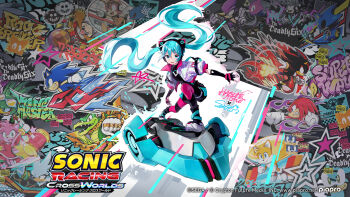 1girl amy_rose animal_ear_headphones animal_ears black_boots black_gloves black_shirt black_shorts blue_eyes blue_hair boots cameo cat_ear_headphones cat_ears character_name charmy_bee colored_shoe_soles commentary_request copyright_name copyright_notice diva_macchina dr._eggman elbow_gloves espio_the_chameleon fake_animal_ears fingerless_gloves floating_hair full_body gloves graffiti hair_between_eyes hatsune_miku headphones headset highres holographic_clothing hoverboard jacket jet_the_hawk knuckles_the_echidna logo long_hair looking_at_viewer metal_sonic official_art open_clothes open_jacket shadow_the_hedgehog shirt short_sleeves shorts silver_the_hedgehog smile solo sonic_(series) sonic_racing:_crossworlds sonic_the_hedgehog sonic_the_hedgehog_official star_(symbol) storm_the_albatross tails_(sonic) twintails very_long_hair vocaloid wave_the_swallow white_jacket zazz