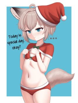 ... 1girl absurdres ahoge animal_ears arknights bikini blue_background blue_eyes border bow breasts capelet closed_mouth commentary english_commentary english_text fox_ears fox_girl fox_tail fur-trimmed_bikini fur-trimmed_capelet fur-trimmed_headwear fur_trim green_bow grey_hair hat highres kokokbeluk loli looking_at_viewer navel outside_border red_bikini red_capelet red_hat santa_bikini santa_costume santa_hat short_hair simple_background small_breasts solo spoken_ellipsis sussurro_(arknights) swimsuit tail white_border