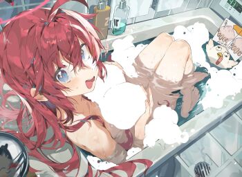 1girl :o ahoge b_zhan_cm_yang bathing bathtub blue_archive breasts character_doll commentary_request completely_nude doll doodle_sensei_(blue_archive) hair_between_eyes halo highres in_bathtub indoors knees_up large_breasts long_hair looking_at_viewer maki_(blue_archive) nude partially_submerged peroro_(blue_archive) red_hair reflection refraction sensei_(blue_archive) shampoo_bottle sitting solo tile_wall tiles very_long_hair wavy_mouth