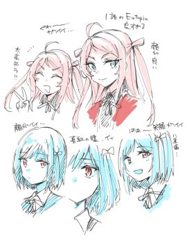 &gt;:) 2girls ahoge black_shirt blue_eyes bow closed_mouth collared_shirt commentary_request dress_shirt fang hair_bow highres jacket kaya_rio limited_palette love_live! love_live!_nijigasaki_high_school_idol_club mifune_shioriko multiple_girls multiple_views neck_ribbon nijigasaki_school_uniform open_clothes open_jacket pink_hair red_eyes red_jacket ribbon school_uniform shirt short_hair simple_background smile translation_request two_side_up v v-shaped_eyebrows white_background winter_uniform zhong_lanzhu