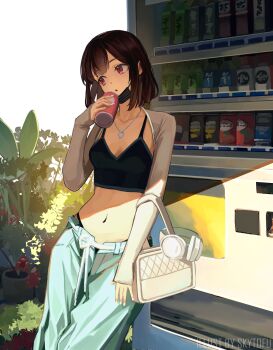 1girl absurdres bag black_camisole black_mask black_panties breasts brown_hair camisole can collarbone drink drink_can grass green_pants handbag headphones heart heart_necklace highres holding holding_can jewelry leaning_on_object long_sleeves looking_to_the_side mask mask_around_neck midriff mouth_mask navel necklace original panties pants plant plastic_bottle potted_plant red_eyes short_hair skytofu small_breasts solo sunlight underwear vending_machine white_bag