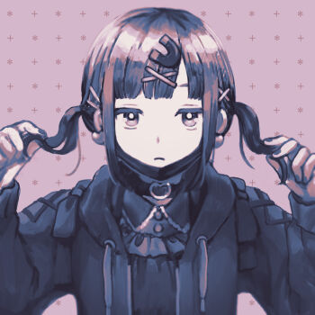 1girl alternate_costume alternate_hairstyle blunt_bangs bright_pupils choker coat commentary_request drawstring expressionless hair_ornament hands_up heart heart_choker highres hood hood_down hooded_coat jitome jitomi_monoe limited_palette long_sleeves looking_at_viewer magnet_hair_ornament open_clothes open_coat playing_with_own_hair sakomdms solo straight-on twintails virtual_youtuber voms x_hair_ornament