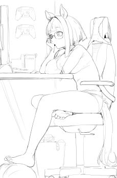1girl animal_ears barefoot bob_cut breast_rest breasts breasts_on_table chair condom condom_box condom_wrapper controller covered_erect_nipples dualsense feet game_controller gamepad gaming_chair glasses greyscale hair_intakes highres horse_ears horse_girl horse_tail large_breasts monochrome okamoto_condoms panties playstation_controller short_hair sketch swivel_chair tail transcend_(umamusume) umamusume underwear used_condom uta_(xuyansong1996)