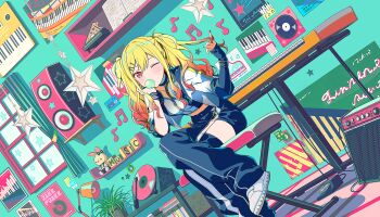 1girl asymmetrical_clothes black_pants blonde_hair bracelet breasts chewing_gum colorful_palette curtains dutch_angle find_the_dream_view_(project_sekai) fingernails game_cg gradient_hair grand_piano hair_ornament hairclip headphones headphones_around_neck highres instrument jacket jewelry keyboard_(instrument) lamp multicolored_hair musical_note nail_polish official_alternate_costume official_art one_eye_closed open_clothes open_jacket orange_hair pants parallel_hairclips phonograph piano poster_(object) project_sekai red_eyes shoes single_pantsleg sitting solo speaker tenma_saki third-party_source twintails vinyl_record white_jacket white_shoes window