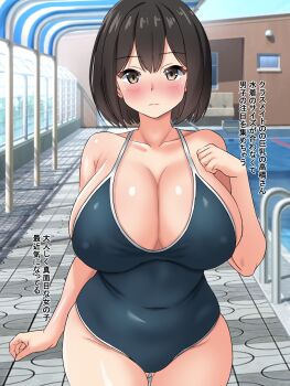 1girl bare_arms black_hair black_one-piece_swimsuit blush breasts brown_eyes cleavage closed_mouth collarbone commentary_request covered_erect_nipples covered_navel curvy day fence gluteal_fold highres large_breasts looking_at_viewer ntraru one-piece_swimsuit original outdoors pool pool_ladder poolside school_swimsuit sidelocks solo standing swimsuit thighs translation_request