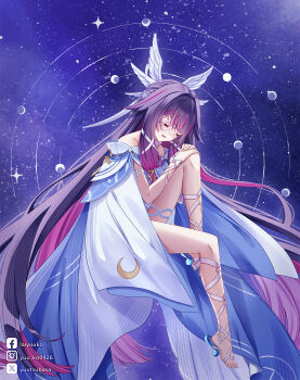 1girl bare_shoulders black_hair blush closed_eyes colored_inner_hair columbina_(genshin_impact) commentary commentary_request crescent dress feathered_wings full_body genshin_impact hair_ribbon head_wings highres leg_ribbon long_hair long_sidelocks moon_phases multicolored_hair multiple_wings off-shoulder_dress off_shoulder open_mouth pink_hair ribbon sidelocks smile solo symbol-only_commentary very_long_hair white_dress white_mask white_ribbon wings wrist_ribbon yuu_ko
