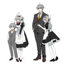 Rule 34 | 1boy, 1girl, age difference, age progression, alternate costume, apron, black dress, black footwear, black hairband, black suit, bow, bowtie, brown footwear, caelus (honkai: star rail), collared shirt, dress, firefly (honkai: star rail), formal, full body, grey hair, grey pants, grey vest, hairband, hands in pockets, height difference, highres, hon (shhonsr), honkai: star rail, honkai (series), long sleeves, maid, maid apron, maid headdress, multiple views, necktie, orange necktie, pants, puffy short sleeves, puffy sleeves, red bow, red bowtie, shirt, shoes, short sleeves, simple background, smile, standing, suit, trailblazer (honkai: star rail), vest, white background, white shirt, yellow bow, yellow bowtie