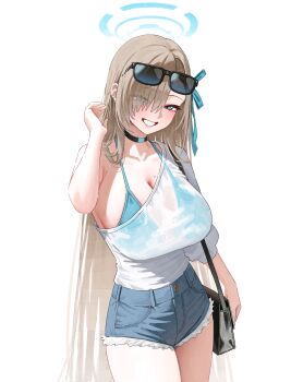 1girl absurdres alternate_costume aqua_bikini aqua_eyes aqua_halo aqua_ribbon asuna_(blue_archive) bikini black_bag blue_archive breasts brown_hair commentary ear_piercing english_commentary eyes_visible_through_hair eyewear_on_head hair_over_one_eye hair_ribbon halo hand_up highres kono_(xerondan321) large_breasts long_hair looking_at_viewer piercing ribbon shirt shirt_tucked_in short_shorts shorts simple_background single_bare_shoulder smile solo sunglasses swimsuit white_background white_shirt