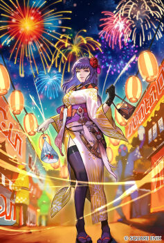 1girl bag black_gloves black_thighhighs commentary_request fireworks fish flower gloves goldfish hair_flower hair_ornament handbag highres hungry_clicker japanese_clothes kimono liza_(saga_frontier) looking_at_viewer night purple_hair reisalin_stout romancing_saga_re;universe saga short_hair smile solo square_enix thighhighs wide_sleeves yellow_kimono
