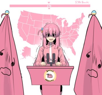 1girl 2024_us_election black_eyes bocchi_the_rock! character_name commentary cube_hair_ornament english_commentary flag gotoh_hitori gotoh_hitori_(octopus) hair_ornament higher_resolution_available highres hinghoi jacket long_hair long_sleeves looking_at_viewer map microphone motion_lines one_side_up open_mouth pink_flag pink_hair pink_jacket solo standing sweatdrop tearing_up trembling united_states wavy_mouth white_background