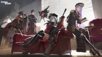 1boy 3girls absurdres black_survival eternal_return:_black_survival gun hat highres holding holding_weapon katja_(black_survival) long_hair looking_at_viewer military military_uniform modare multiple_girls weapon