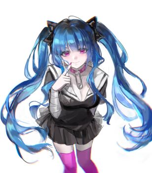 Rule 34 | 1girl, absurdres, amemiya darumi, bandaged arm, bandages, black bow, black hair, black serafuku, black shirt, black skirt, blue hair, bow, breasts, choker, chromatic aberration, cleavage, closed mouth, commentary, cowboy shot, finger to cheek, hair bow, highres, leaning forward, long hair, looking at viewer, miniskirt, multicolored hair, pink choker, pink eyes, pink nails, pink thighhighs, pleated skirt, roots (hair), sailor collar, sailor shirt, school uniform, serafuku, shirt, sidelocks, skirt, smile, solo, symbol-only commentary, the hundred line -last defense academy-, thighhighs, twintails, two-tone hair, very long hair, white sailor collar, zuiaixiaoxiong91834