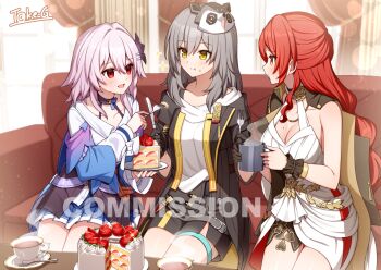 3girls :d :t black_flower black_gloves black_jacket black_shorts blue_skirt breasts brown_eyes cake cake_slice cleavage closed_mouth collarbone commentary_request commission couch cup curtains day dress eating evernight_(honkai:_star_rail) feeding flower food food_on_face fork fruit gloves grey_hair hair_between_eyes hair_flower hair_ornament hairclip highres himeko_(honkai:_star_rail) holding holding_cup holding_fork holding_knife honkai:_star_rail honkai_(series) indoors jacket knife large_breasts long_sleeves march_7th_(honkai:_star_rail) mask mask_on_head mole mole_on_breast mug multiple_girls on_couch open_clothes open_jacket open_mouth pillar pleated_skirt puffy_long_sleeves puffy_sleeves purple_hair red_eyes red_hair shirt shorts signature sitting skeb_commission skirt smile sparkle stelle_(honkai:_star_rail) strawberry sunlight t@ke-g trailblazer_(honkai:_star_rail) watermark white_dress white_shirt wings wrist_cuffs