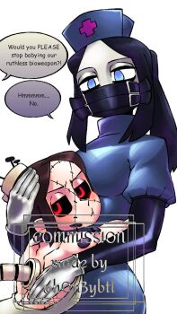 Rule 34 | elbow gloves, gloves, h0n3ybtl, hallow (skullgirls), hat, highres, hug, latex, latex gloves, nurse cap, painwheel (skullgirls), pale skin, skullgirls, speech bubble, surgeon, tagme