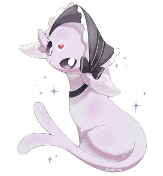 animal_focus black_bow black_eyes bow commentary_request espeon forehead_jewel forked_tail gen_2_pokemon headdress iwasi_29 nintendo no_humans pokemon pokemon_(creature) purple_fur simple_background sitting sparkle tail white_background