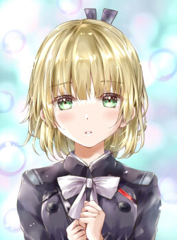 1girl ayaro_(genkiloobaii) black_jacket black_ribbon blonde_hair blue_background blunt_bangs blush bow bowtie buttons clenched_hands collared_jacket commentary_request double-breasted eyelashes eyes_visible_through_hair green_eyes hair_between_eyes hair_ribbon half_updo heaven_burns_red highres jacket looking_at_viewer medium_hair military_uniform nanase_nanami_(heaven_burns_red) parted_lips ribbon simple_background soap_bubbles solo upper_body white_bow white_bowtie