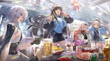 Rule 34 | 1boy, 4girls, 7gao, alcohol, beer, bent over, black coat, black hair, black skirt, blue shirt, braid, breasts, brid (nikke), brid (silent track) (nikke), brown eyes, closed eyes, coat, commander (nikke), commentary request, diesel (nikke), diesel (winter sweets) (nikke), eyewear on head, goddess of victory: nikke, grey hair, hat, highres, holding, holding microphone, large breasts, long hair, long sleeves, looking at viewer, microphone, multiple girls, music, nora (nikke), official alternate costume, old, old woman, open mouth, scarf, shirt, sideboob, singing, sitting, skirt, small breasts, smile, soline (frost ticket) (nikke), soline (nikke), standing, sunglasses, twin braids, white shirt